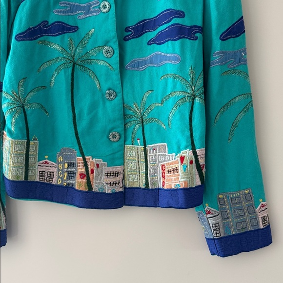 Vintage Patchington Palm Tree Blazer Womens Small Cityscape Jacket Y2K Cotton - Picture 5 of 13